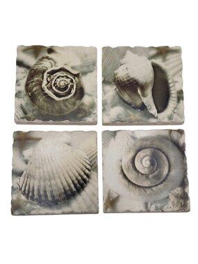 Stoneware Ceramic Seashell Coasters Cork Backing Set Of 4 Beach Coastal Cottage